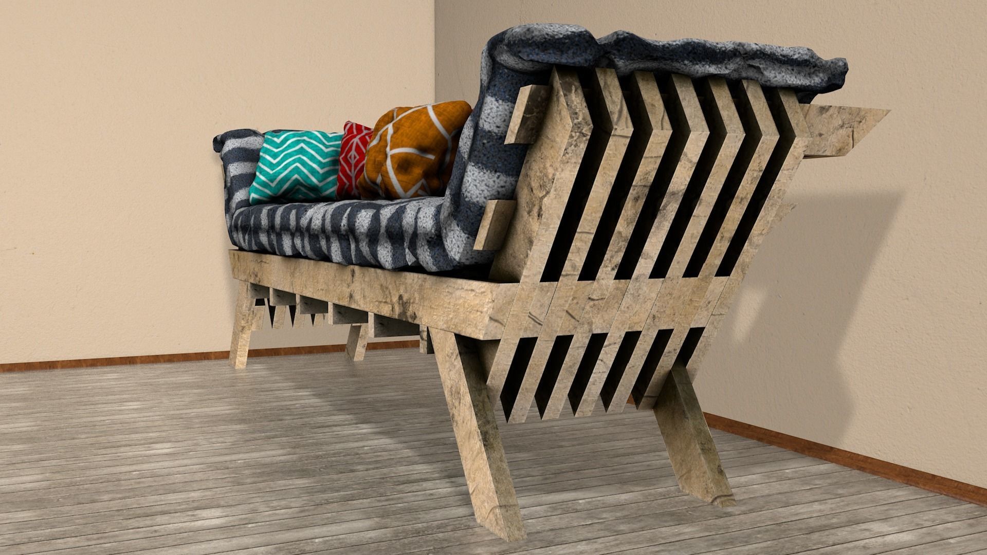 Sofas bed made from wooden pallets Low-poly 3D model_3