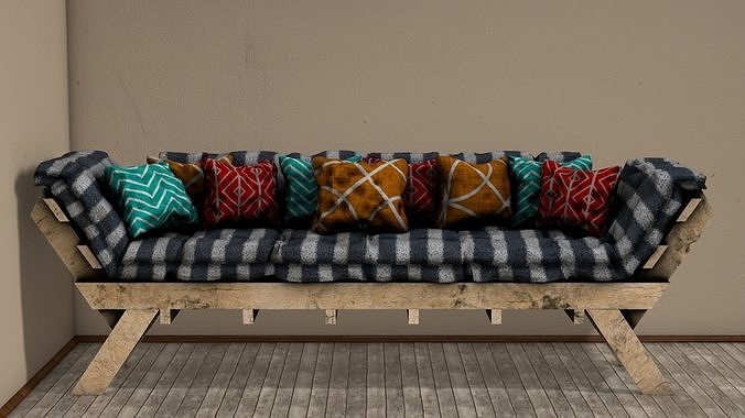 Sofas bed made from wooden pallets Low-poly 3D model