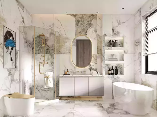 bathroom modern with marble and gold accents