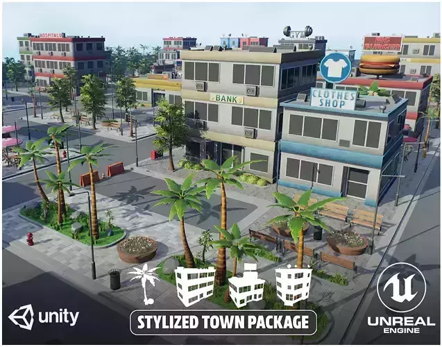 Stylized Town Package Low-poly 3D model