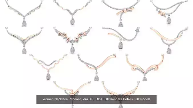 30 Women Necklace Pendants 3dm STL OBJ FBX Renders Details
