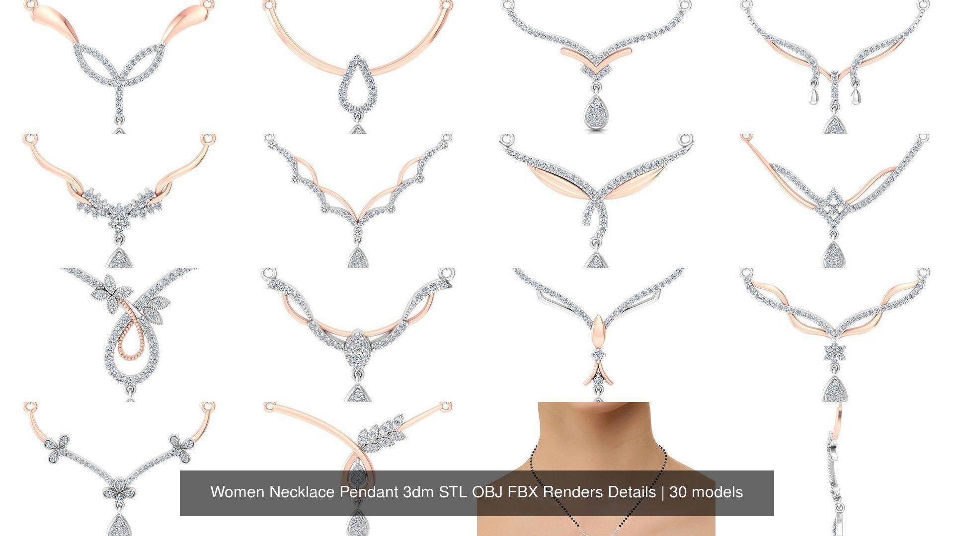30 Women Necklace Pendants 3dm STL OBJ FBX Renders Details 3D Model Collection_2
