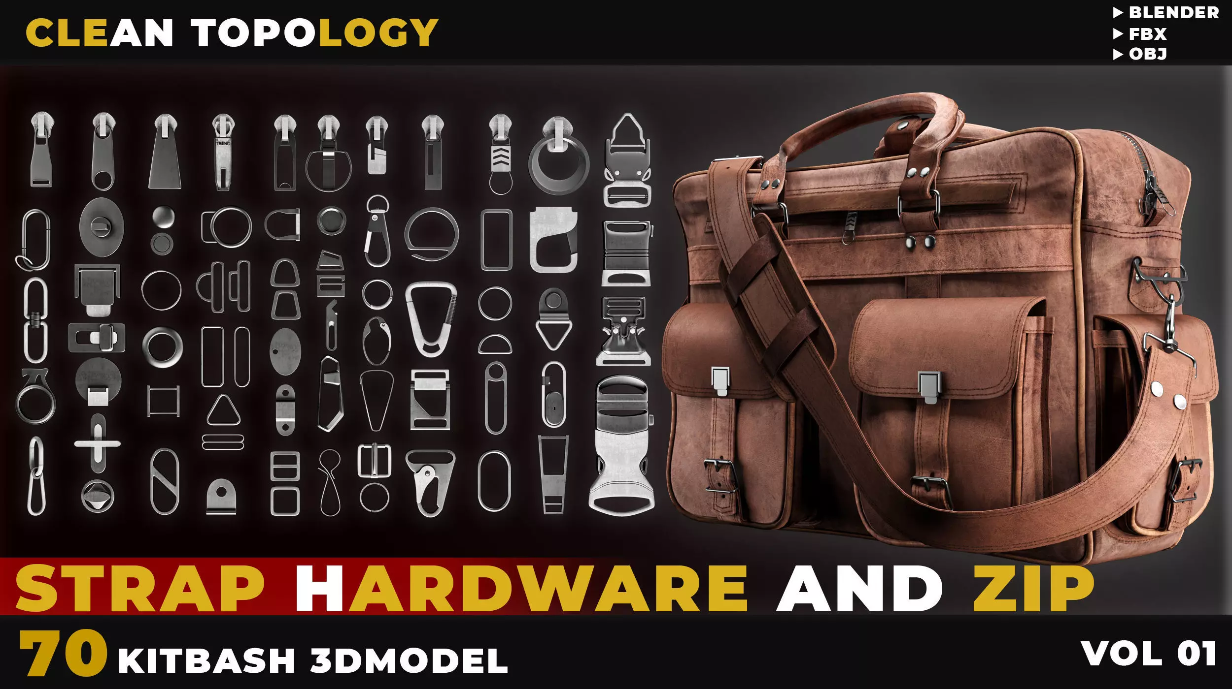 70 STRAP HARDWARE AND ZIP KITBASH VOL 01 Low-poly 3D model_0