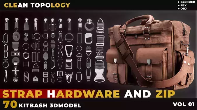 70 STRAP HARDWARE AND ZIP KITBASH VOL 01 Low-poly 3D model
