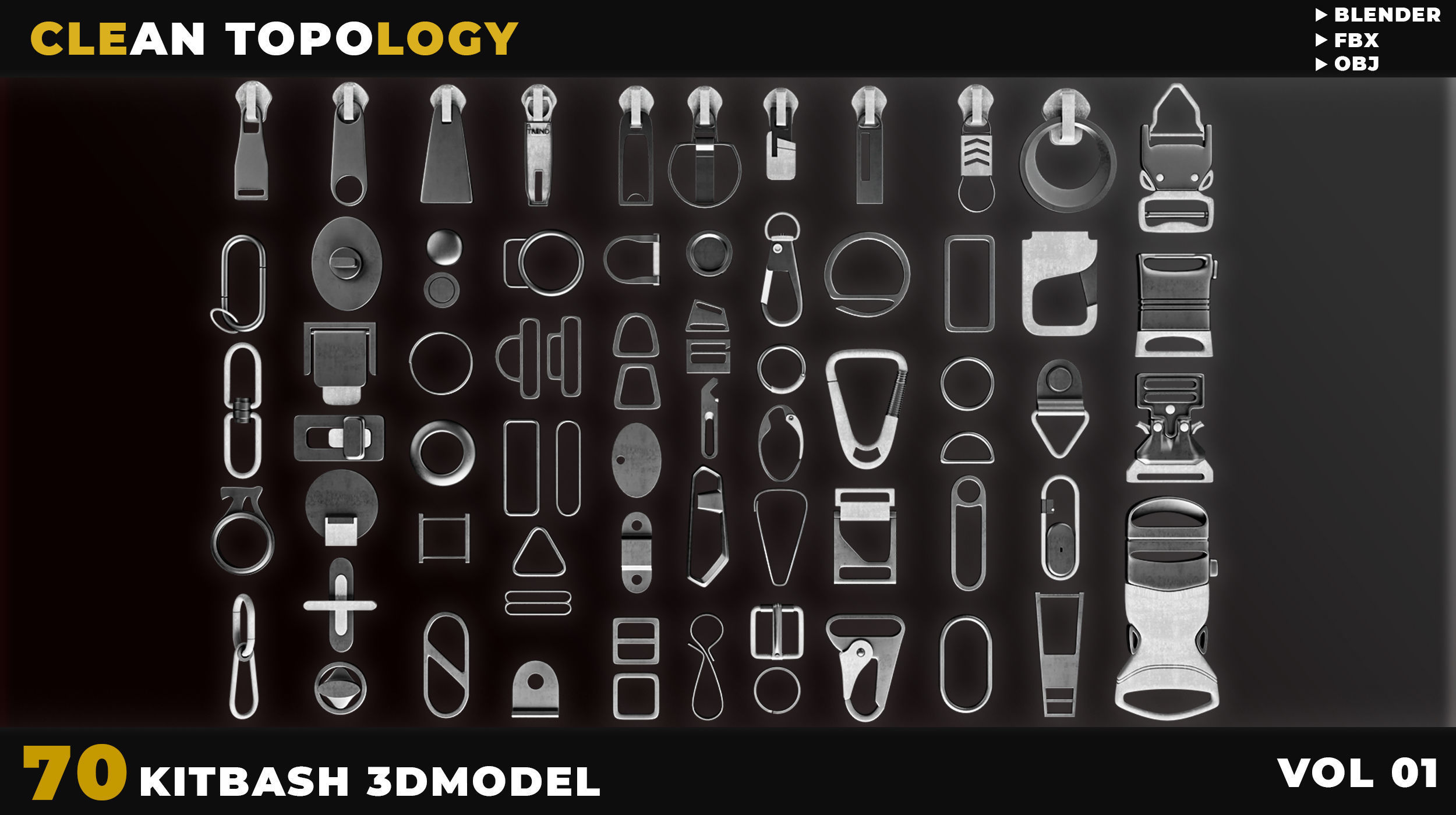 70 STRAP HARDWARE AND ZIP KITBASH VOL 01 Low-poly 3D model_1