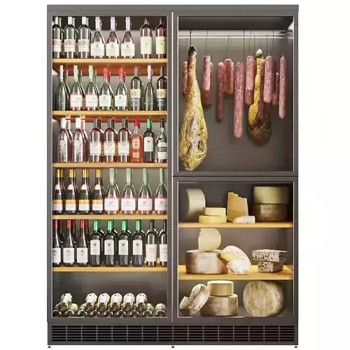 Refrigerator with sausages and jamon in the store