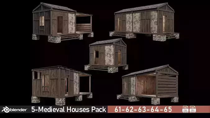 Medieval Houses Pack 61-62-63-64-65 - 4K Textures Game Ready Low-poly 3D model
