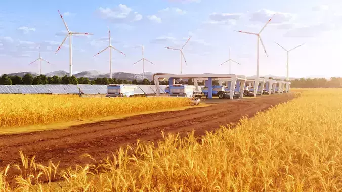 Futuristic harvesters with solar panels and windmills 3D model