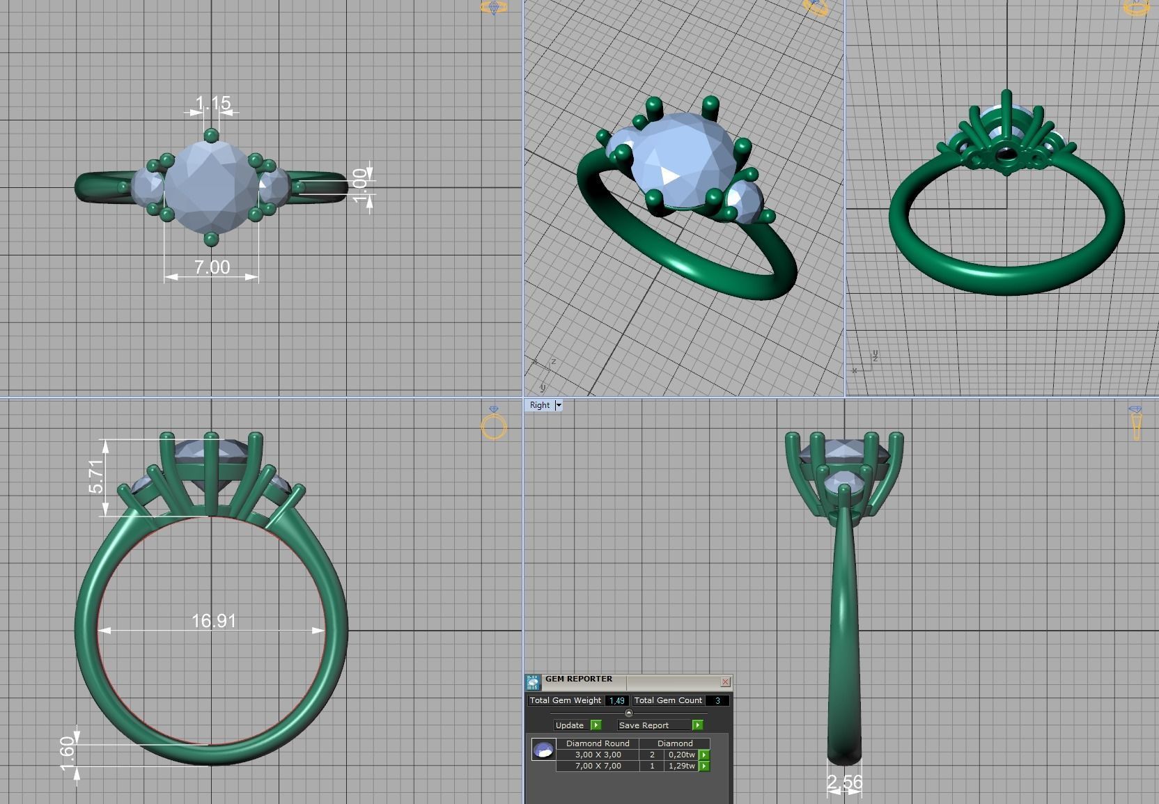 3stone Mia Engagement Ring 7mm diamond 6 claw setting 3dmodel 3D print model_10