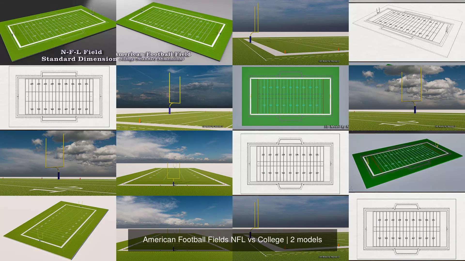 American Football Fields NFL vs College 3D Model Collection_0