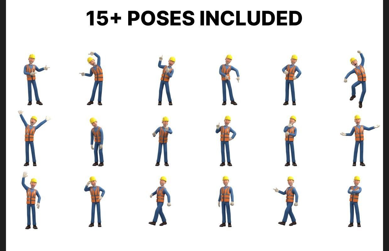 Male Cartoon Worker Construction Character  Low-poly 3D model_3