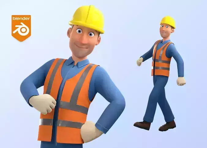 Male Cartoon Worker Construction Character  Low-poly 3D model