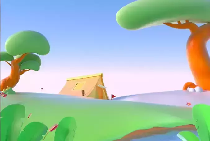 cartoon lake cabin scene