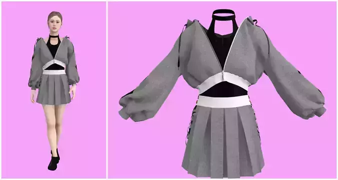 Hoodie bodysuit skirt and pants set - Marvelous designer