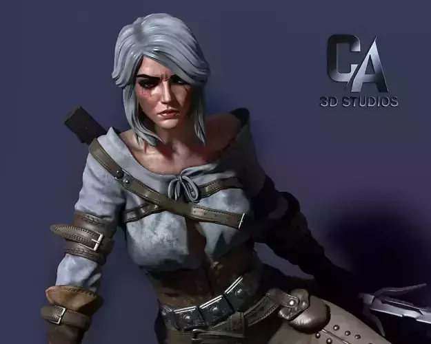 Ciri 3D Print woman holding sword on rock 3D print model