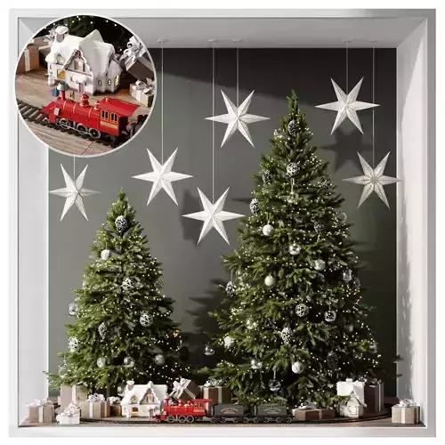 Christmas set 2 trees in window 3D model