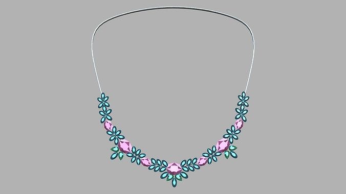Elegant Teal Leaves Pink Gemstones Necklace Low-poly 3D model