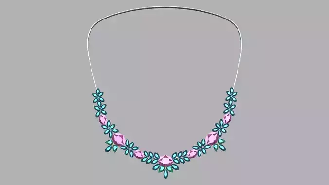Elegant Teal Leaves Pink Gemstones Necklace