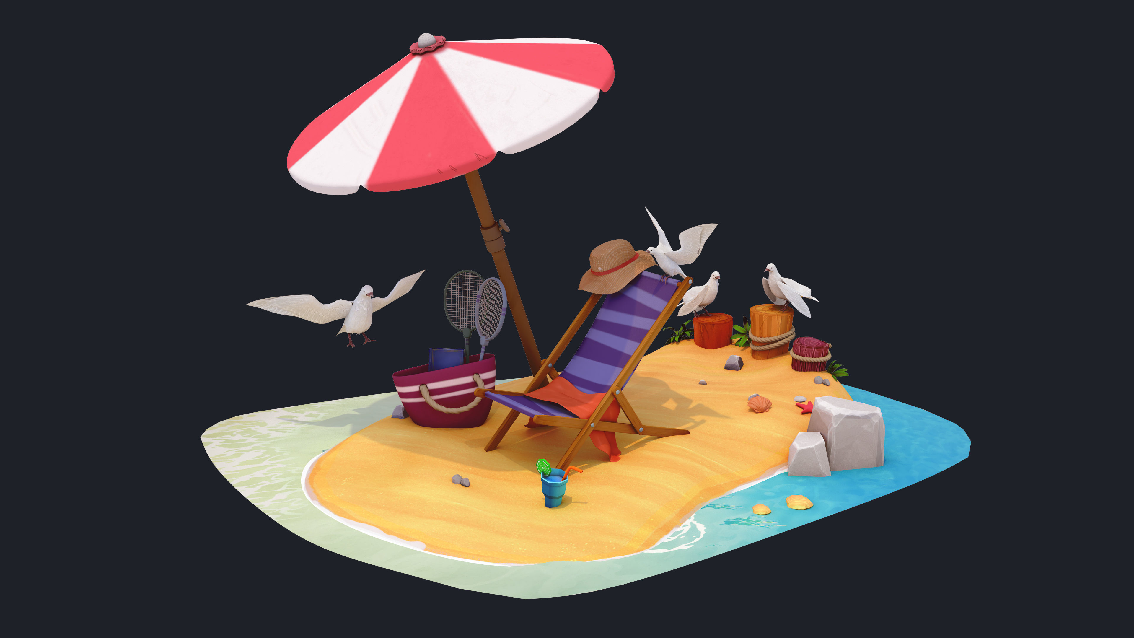 3D Summer beach  Low-poly 3D model_1