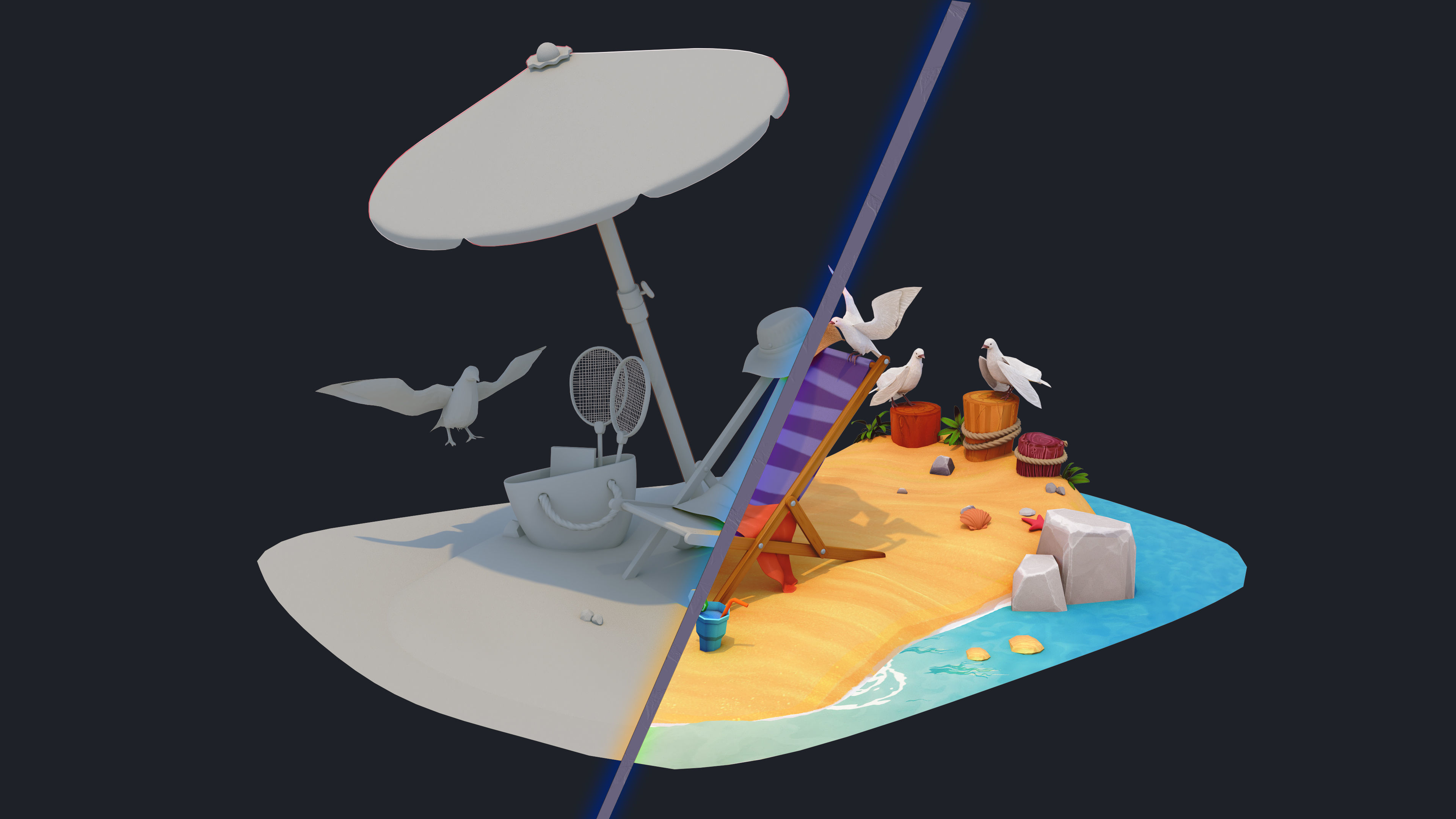 3D Summer beach  Low-poly 3D model_2
