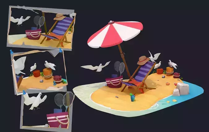 3D Summer beach  Low-poly 3D model