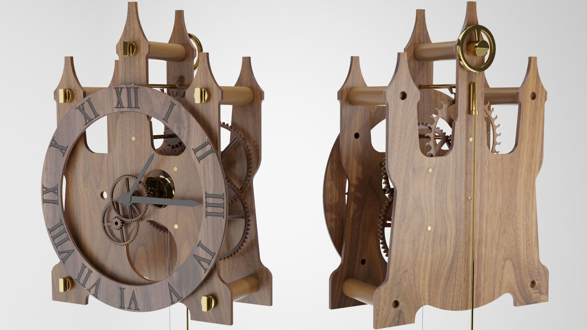 Wooden Wall Clock Open Case Design 3D model_1