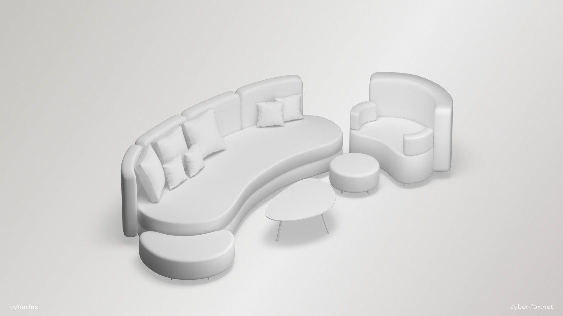 Futuristic Round Sofa Set Low-poly 3D model_4