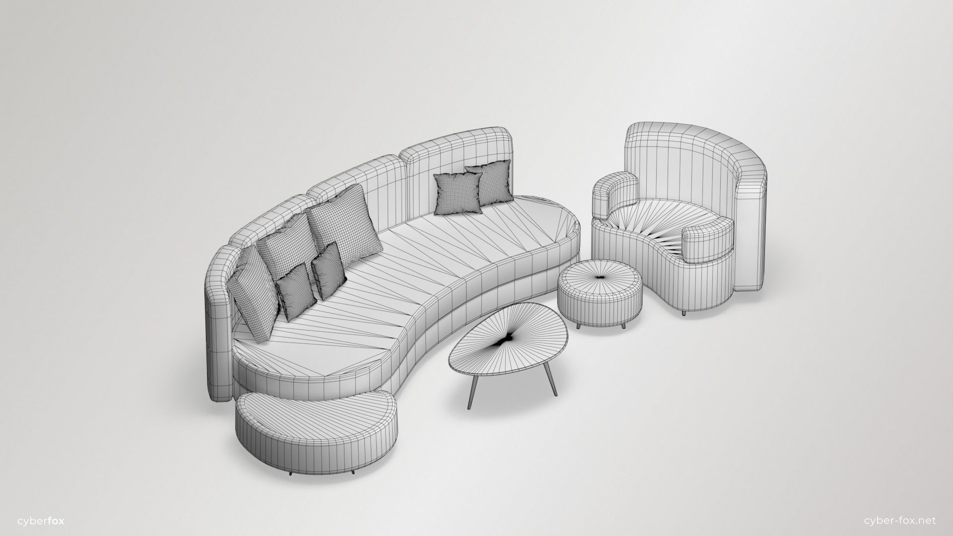 Futuristic Round Sofa Set Low-poly 3D model_3