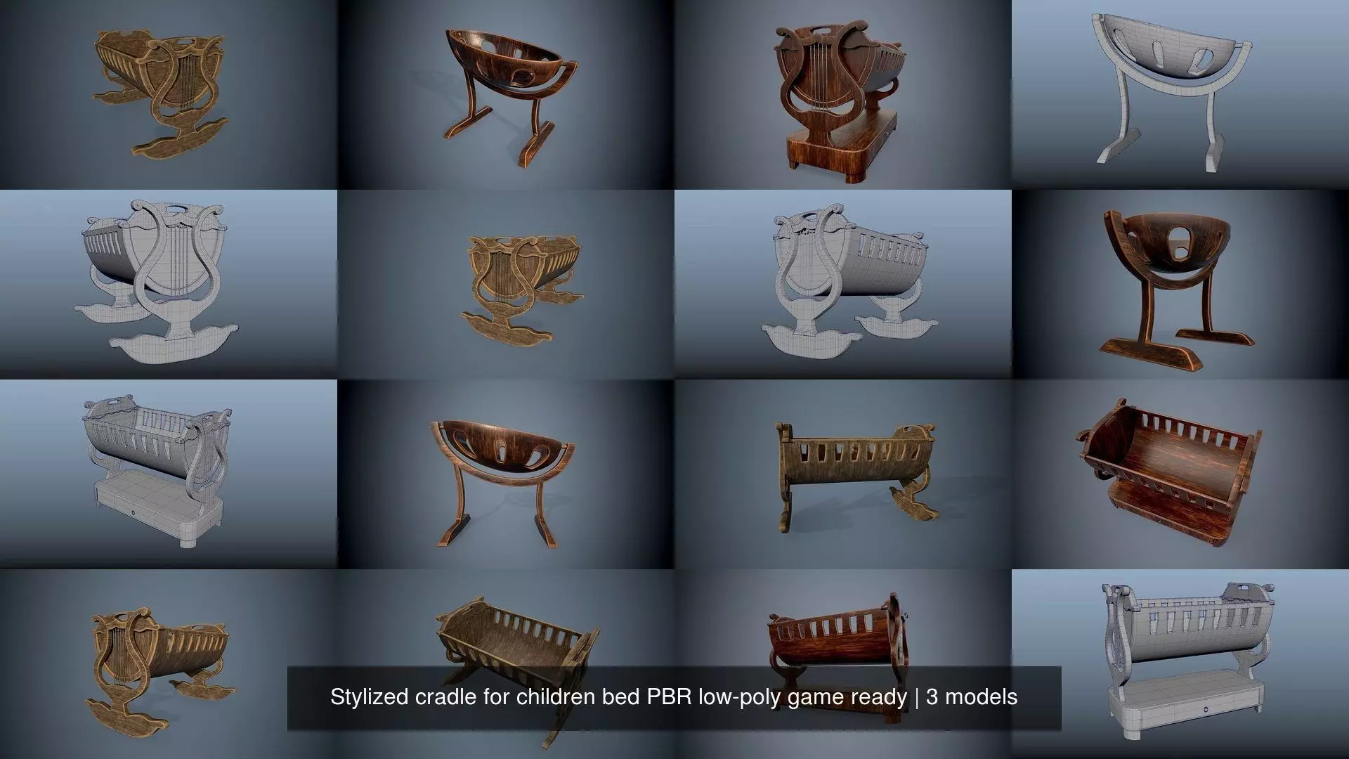 Stylized cradle for children bed PBR low-poly game ready 3D Model Collection_0