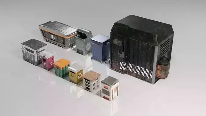 10 Sci-Fi Cyberpunk Style Trash Containers Low-poly 3D model