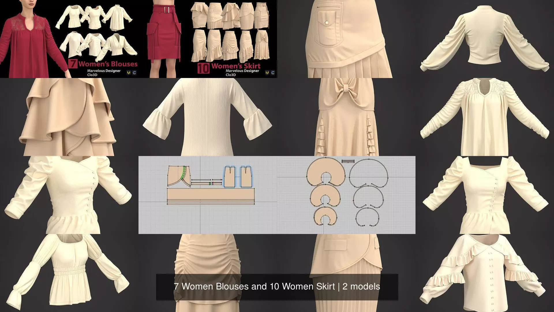 7 Women Blouses and 10 Women Skirt 3D Model Collection_0