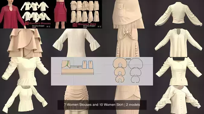 7 Women Blouses and 10 Women Skirt 3D Model Collection