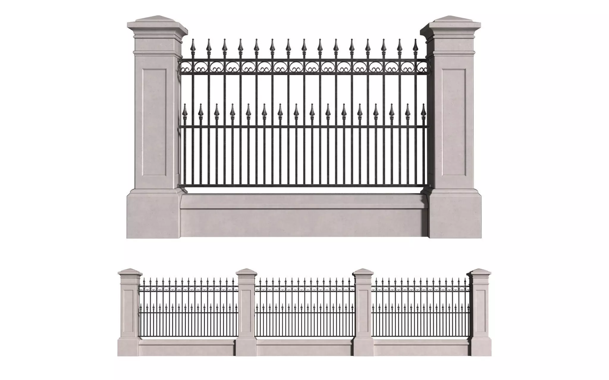 Fence in classic style with wrought iron railing 3D model_0