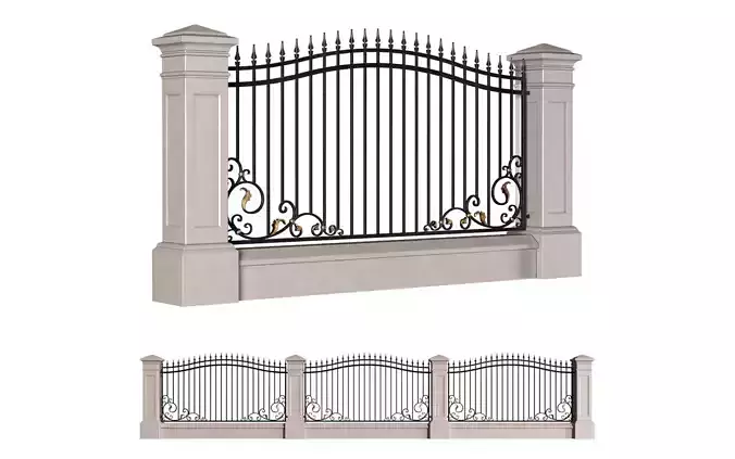 Fence in classic style with wrought iron railing