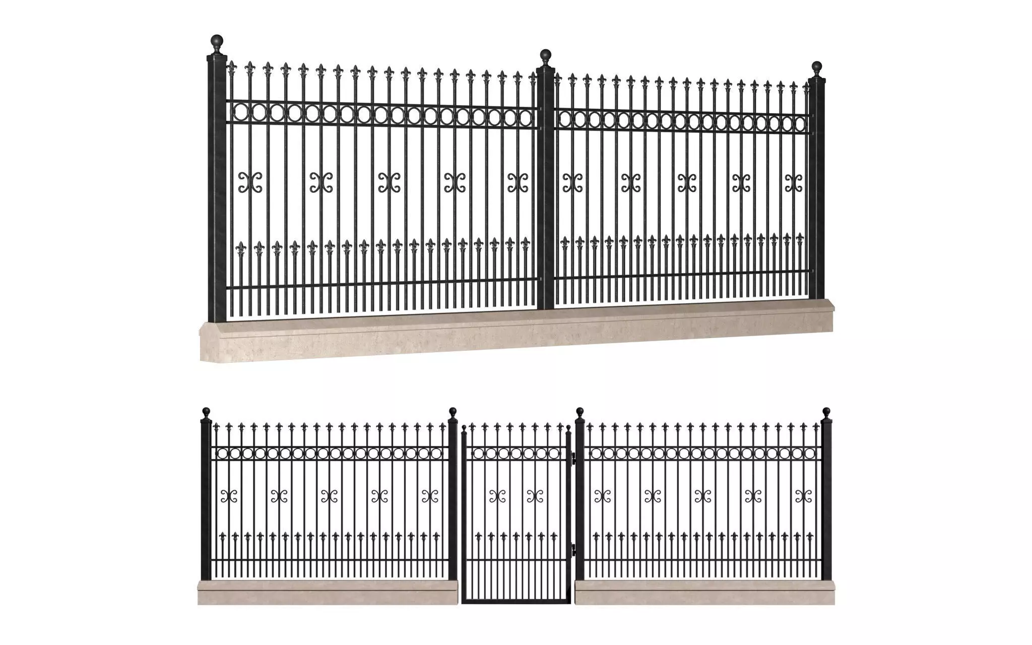 Fence in classic style with wrought iron railing 3D model_0