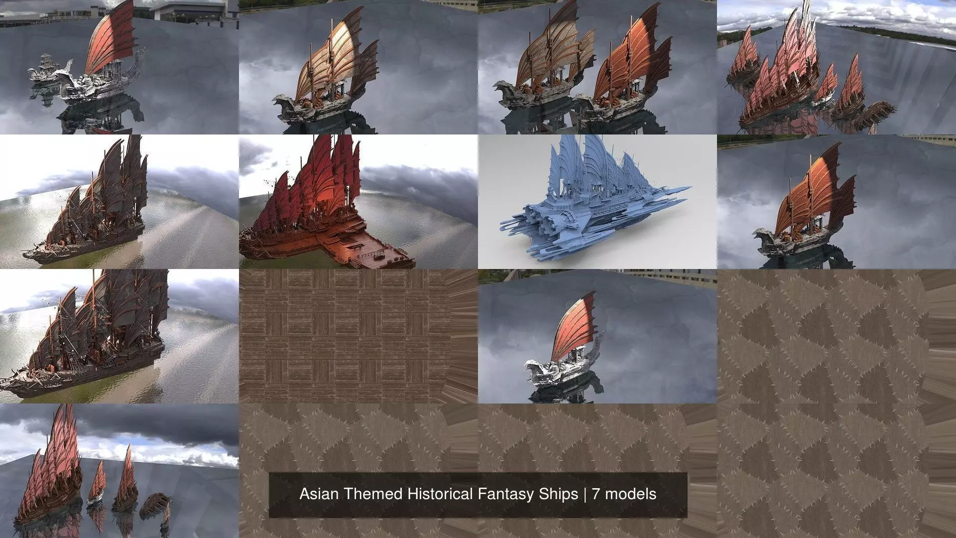 Asian Themed Historical Fantasy Ships 3D Model Collection_1