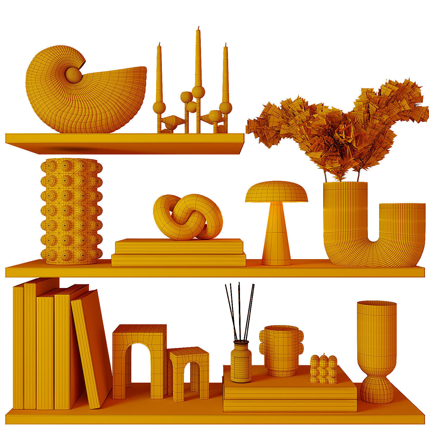 Decorative shelves with vases and books 3D model_8