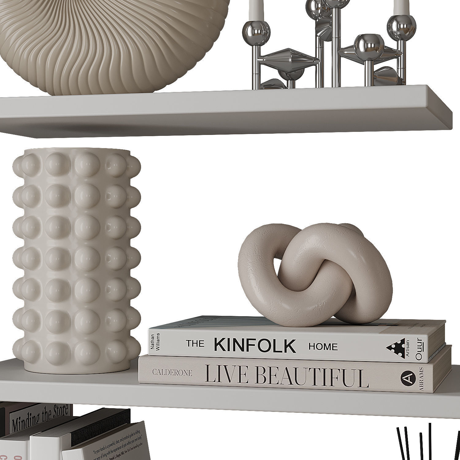 Decorative shelves with vases and books 3D model_2