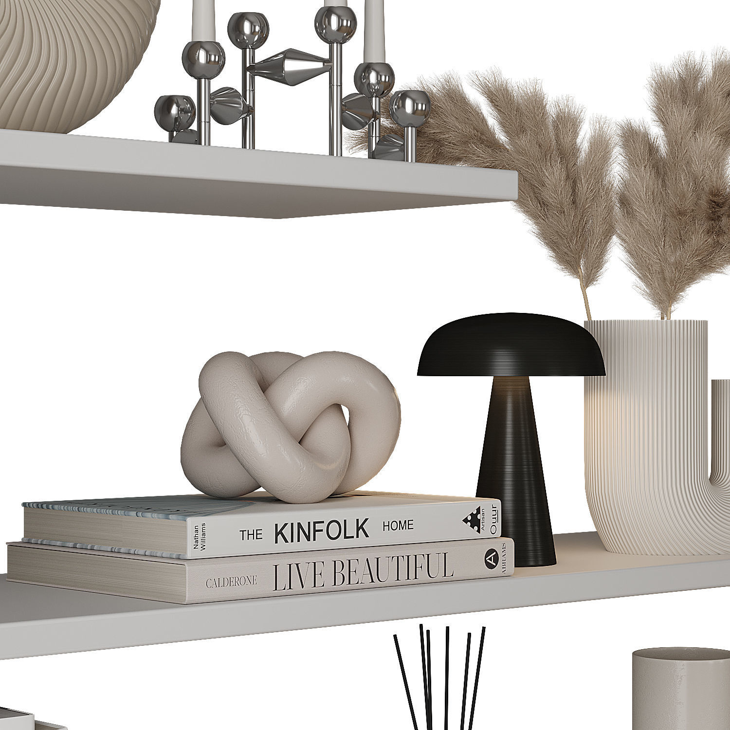 Decorative shelves with vases and books 3D model_6
