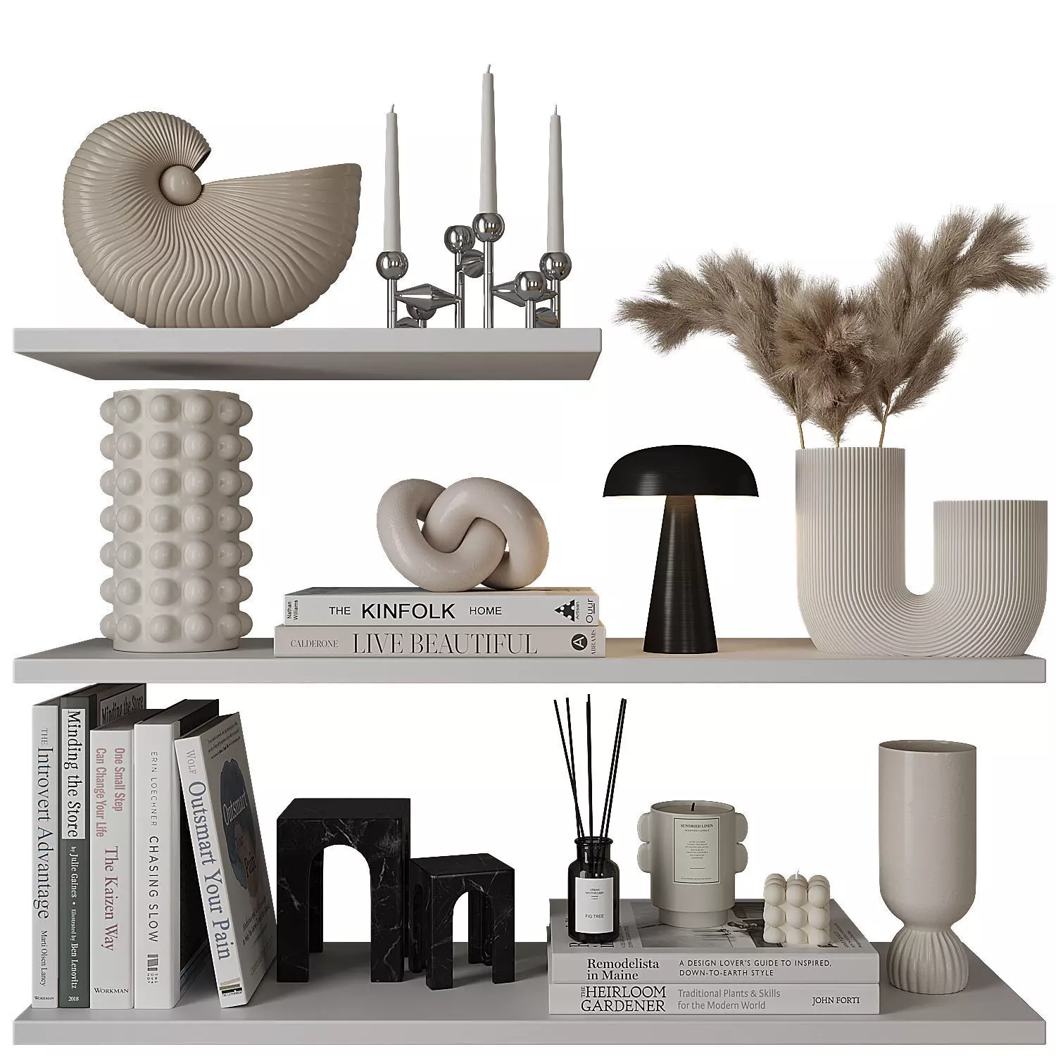 Decorative shelves with vases and books 3D model_0