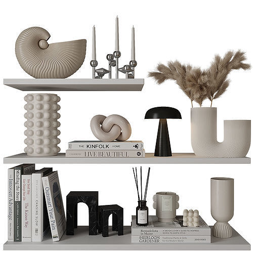 Decorative shelves with vases and books 3D model