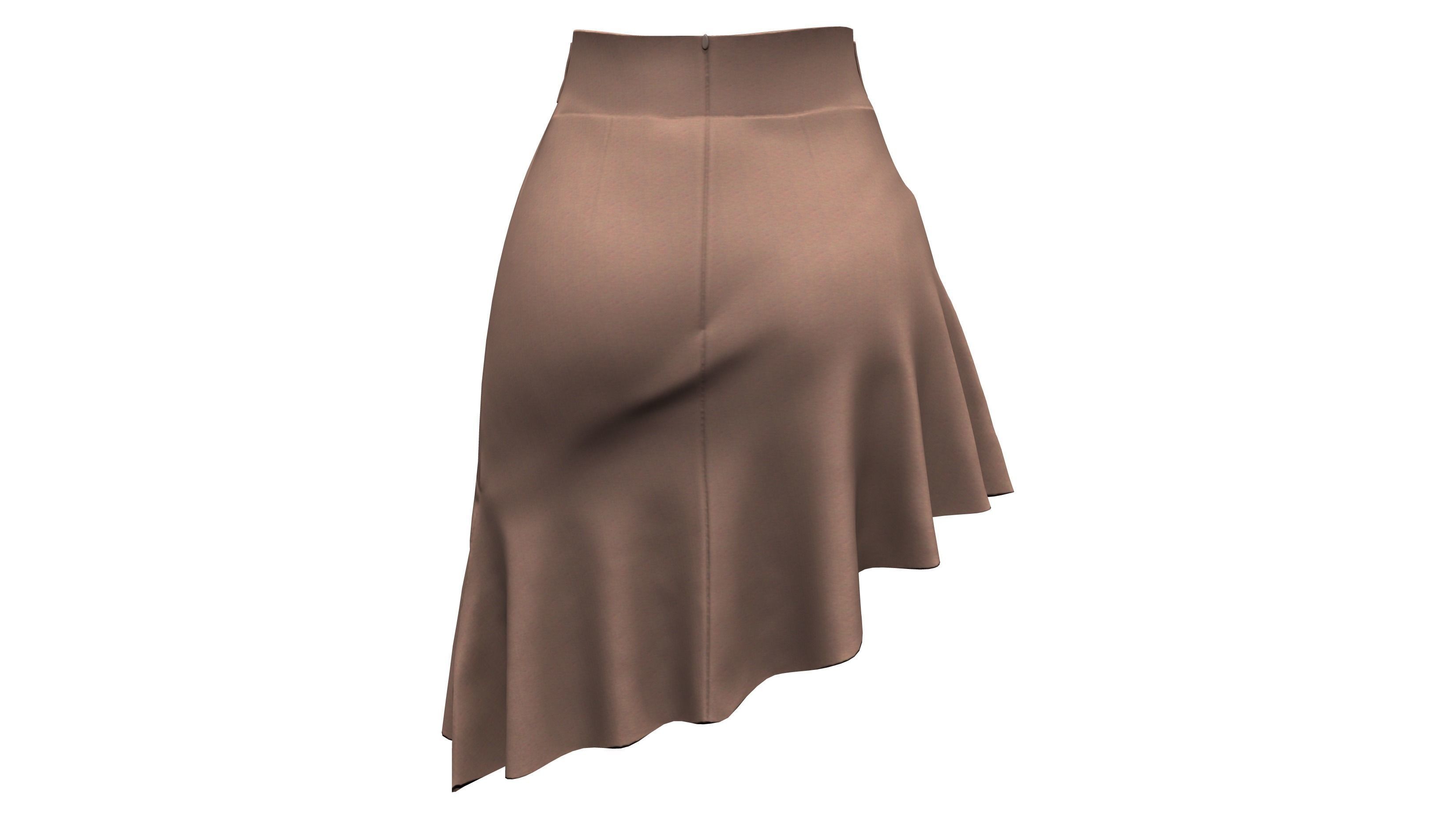 Asymmetric Brown Ruffled Bottom Mini Skirt Low-poly 3D model_4