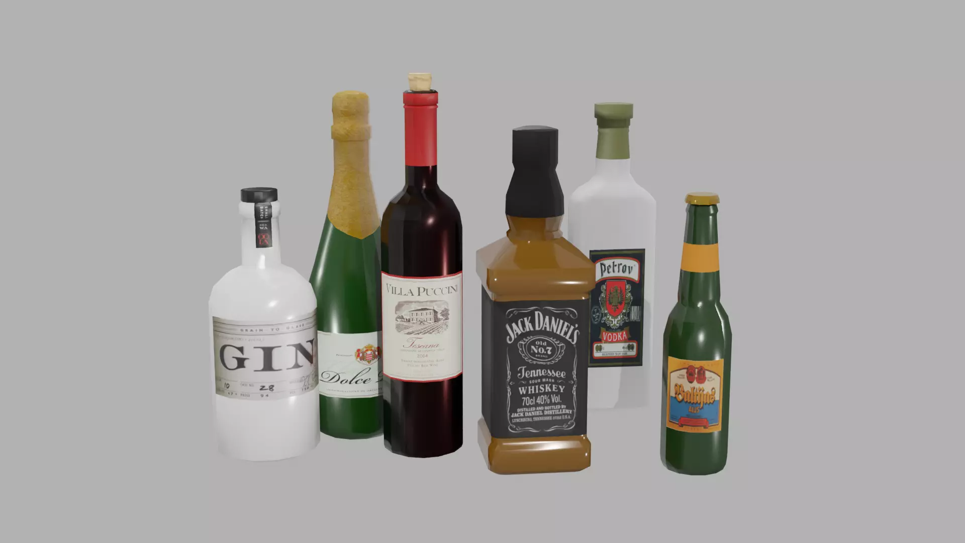 Beer Gin Shampane Vodka Wine Bar bottles with boxes Low-poly 3D model_0