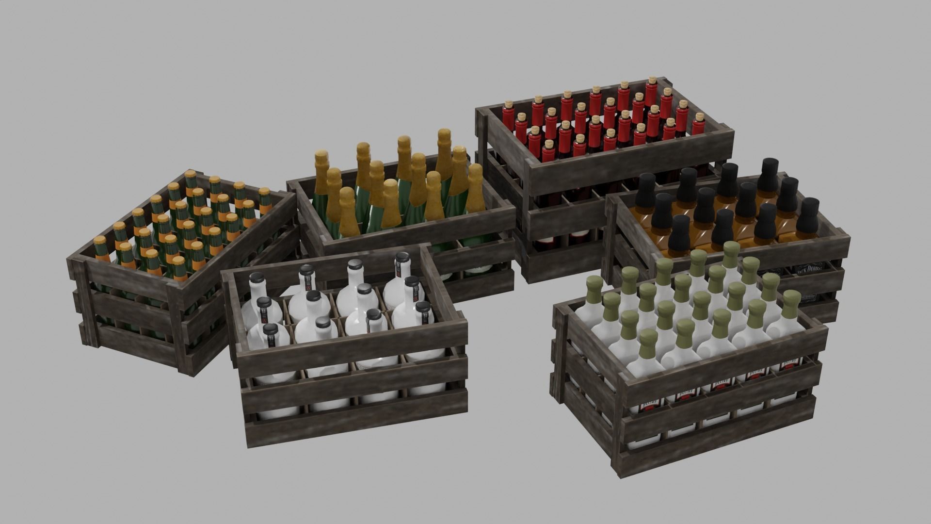 Beer Gin Shampane Vodka Wine Bar bottles with boxes Low-poly 3D model_1