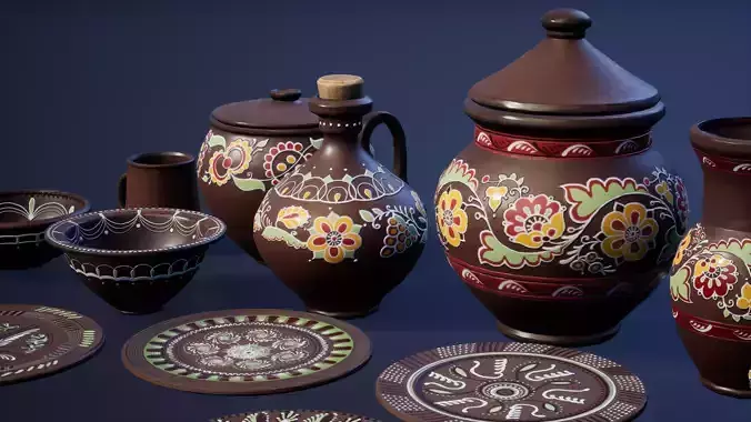 Ornamented ceramic pottery - pots and plates Low-poly 3D model