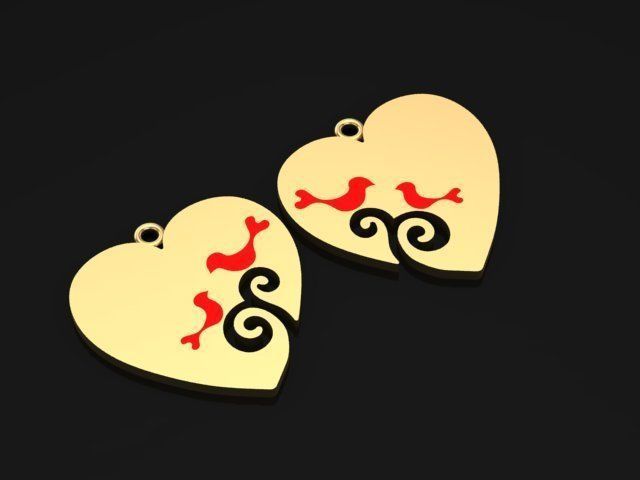 Enameled Heart Set gold with two birds 3D print model_3