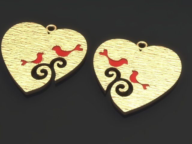 Enameled Heart Set gold with two birds 3D print model_1