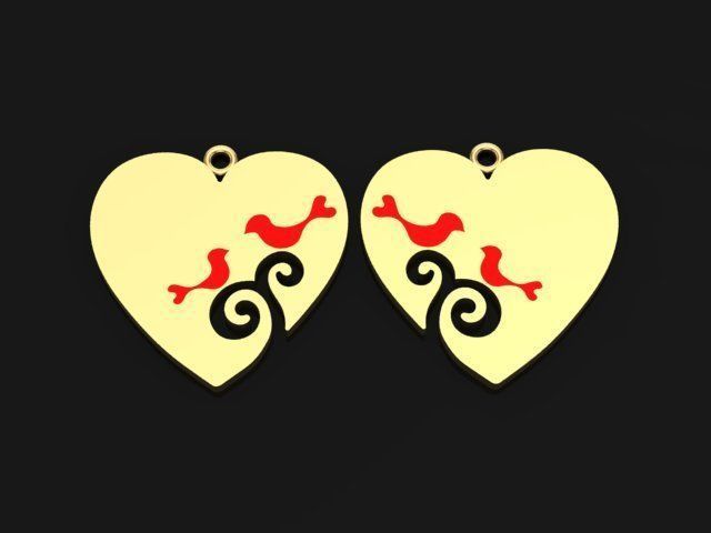Enameled Heart Set gold with two birds 3D print model_7
