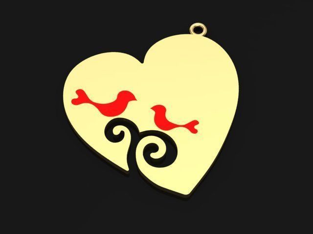 Enameled Heart Set gold with two birds 3D print model_9