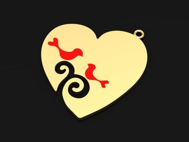 Enameled Heart Set gold with two birds 3D print model_8